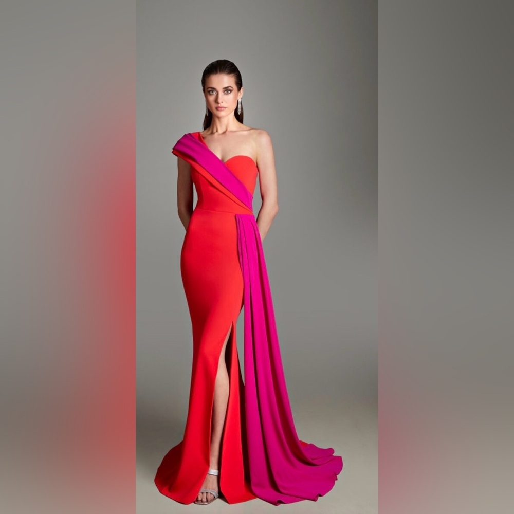 Stunning European designer Red and purple One-Shoulder evening Dress/gown